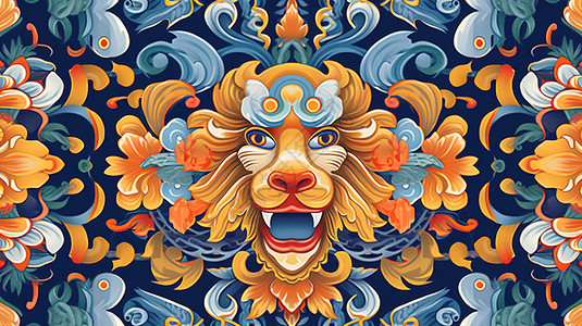 狮子装饰花纹图案插画图片