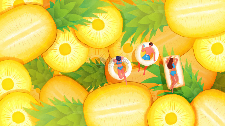 夏天泳池假期菠萝凤梨手绘风横版插画图片