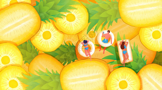 切片菠萝夏天泳池假期菠萝凤梨手绘风横版插画插画
