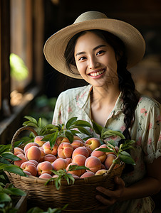 桃子人物戴着草帽抱着一篮子水蜜桃开心笑的年轻女孩插画