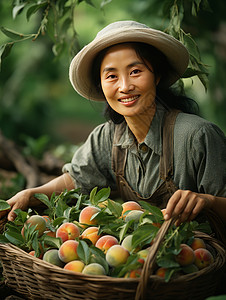 在果园端着一筐桃子的年老农妇高清图片