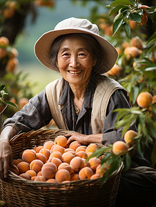 桃子人物在桃园抱着丰收桃子开心笑的农妇插画