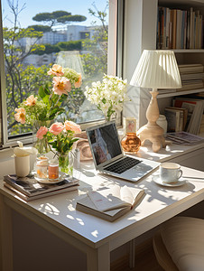 阳光下放这花瓶的电脑书桌背景图片