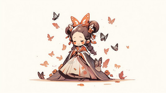 白色简约蝴蝶被漂亮的蝴蝶围绕的卡通小女孩插画