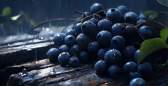 原木桌新鲜采摘的蓝莓插画