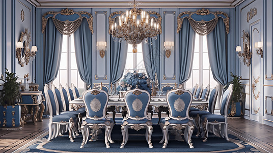 欧式室内餐厅豪华的餐桌椅子插画