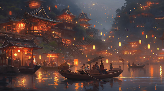 古代城市夜晚划船游玩的古人插画