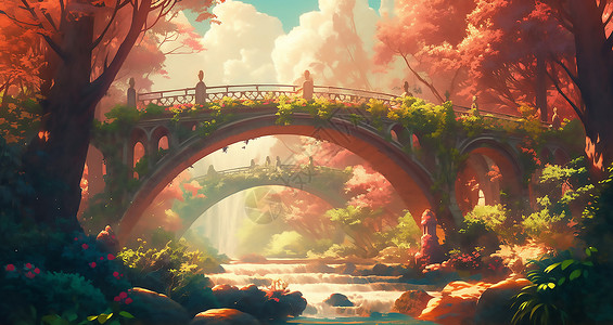中式石桥野外秋日里的石桥插画