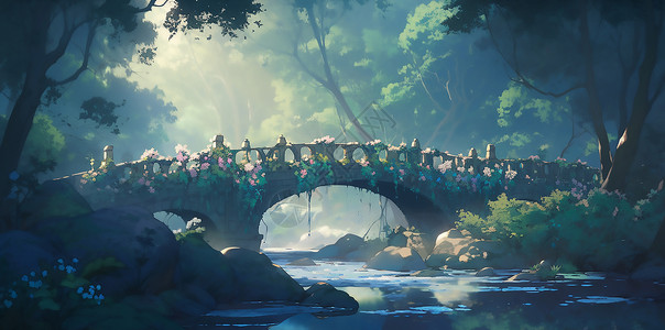 树林中的石板桥插画