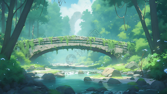 山林水长满青苔的石桥插画