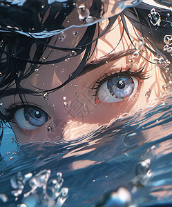 大水珠在水底的大眼睛的女孩插画