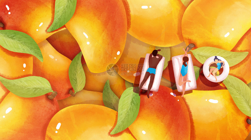夏天泳池假期芒果手绘风横版插画图片