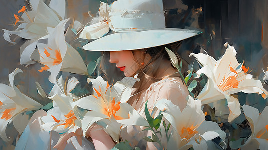 橱窗装饰戴帽子的女人和花朵插画