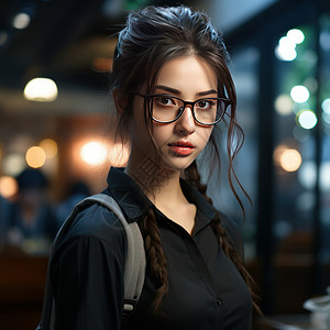 戴眼镜穿黑衬衫的时尚年轻女孩图片