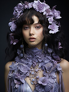 头戴紫色花朵华丽装扮的时尚女人图片