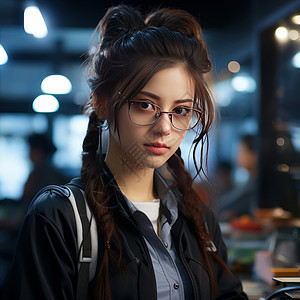 戴眼镜的时尚年轻女大学生图片