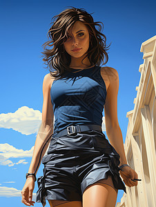 蓝天下时尚的年轻女人背景图片