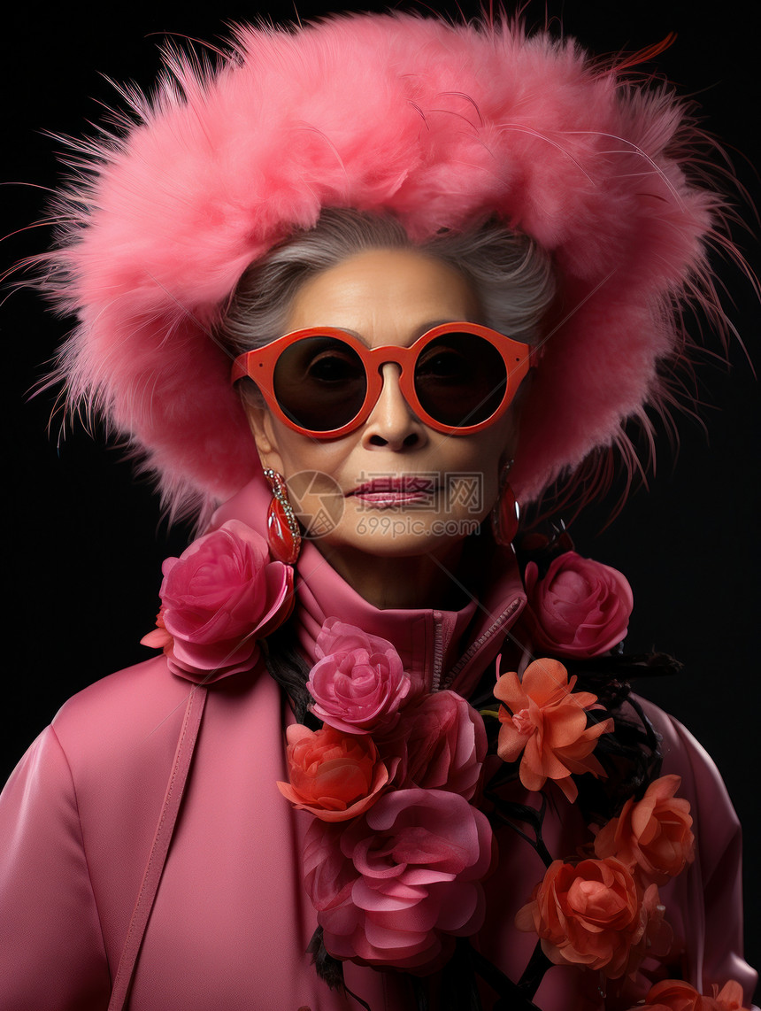 身穿精致的粉色花朵大衣时尚老年女人图片