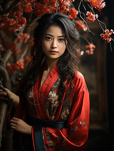 女艺术照穿红色睡衣站在树下的时尚女人插画