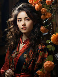 女性艺术照穿红色长裙手捧玫瑰花和水果的精致女人插画