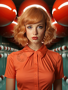 精致金色短发穿橙色T恤的时尚女人背景图片