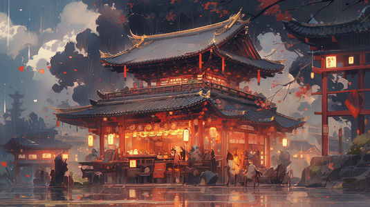 八坂神社夜景夜晚雨中灯火通明的卡通古风建筑插画