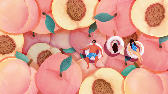 手绘写实风苹果夏天泳池假期桃子蜜桃手绘风横版插画插画
