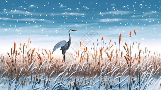 鸟类海报一只白鹭站在芦苇从中雪地上插画