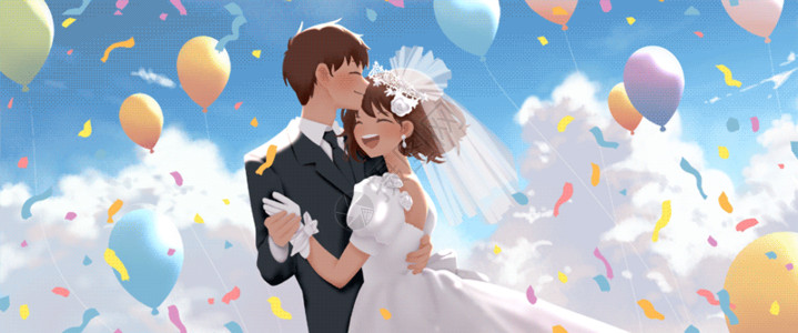 穿婚纱的新娘七夕蓝天白云下的婚礼gif动图高清图片