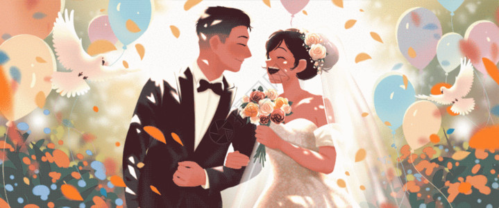 接新娘七夕与你的浪漫婚礼竖版插画gif动图高清图片