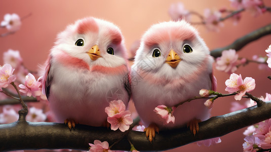 在开满桃花的树枝上两只可爱的卡通小鸟背景图片