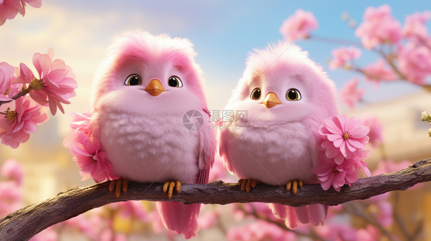 两只可爱的卡通粉色小鸟蹲在树枝上图片