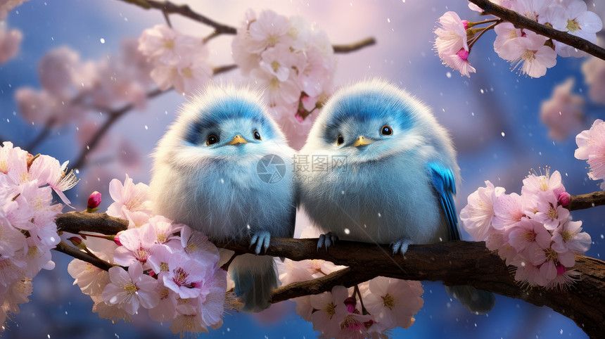 两只可爱的蓝色卡通小鸟在桃花树枝上图片