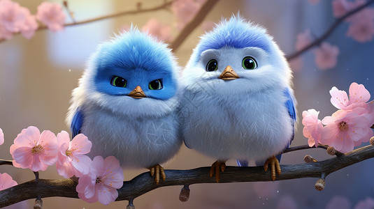蓝色花枝小鸟毛绒绒可爱的两只立体卡通小鸟在桃花枝上插画