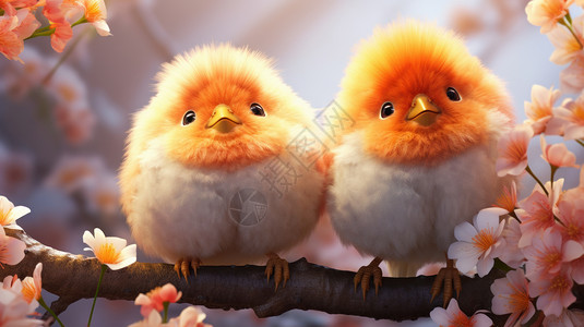两只可爱的黄色小鸟在桃花枝上图片