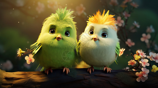两只可爱的绿色羽毛卡通小鸟背景图片
