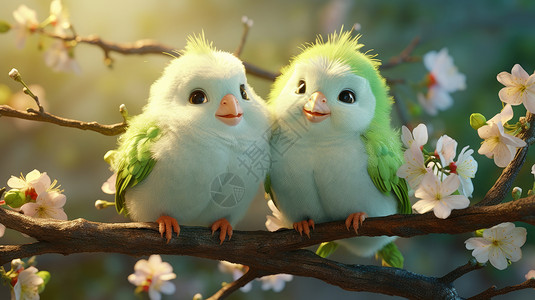 开满桃花的树枝上两只绿色羽毛小鸟图片