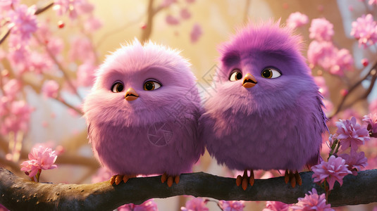 紫色清新羽毛在树枝上两只可爱的紫色羽毛卡通小鸟插画