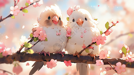两只开心笑的卡通小鸟在树枝上背景图片