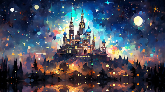迪斯尼夜景夜空城堡壁纸插画