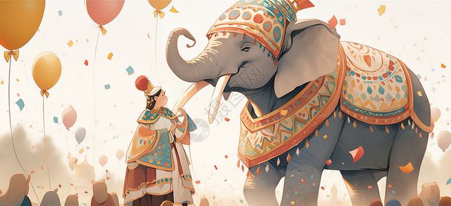 人物和大象插画图片