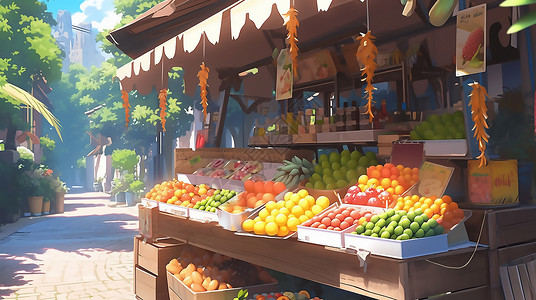 水果店铺素材阳光下的水果摊插画