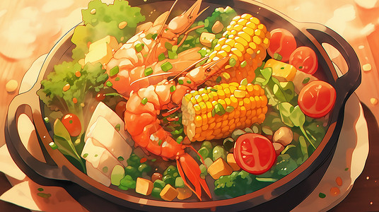 铁锅虾炒锅里的食物插画