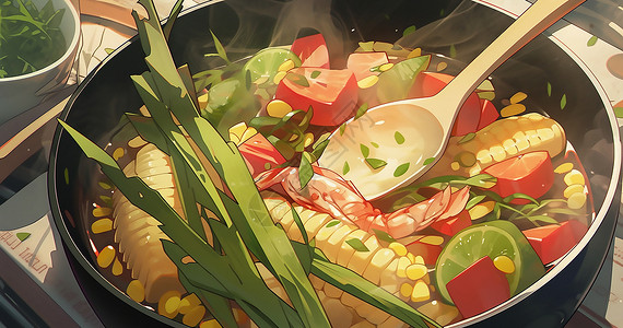 玉米鸡汤炖煮美味食物插画