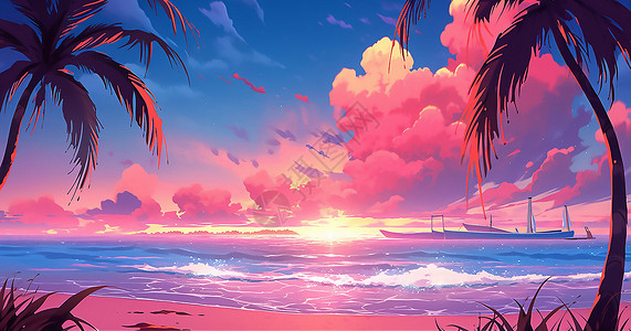 粉色海滩海边沙滩风景插画插画