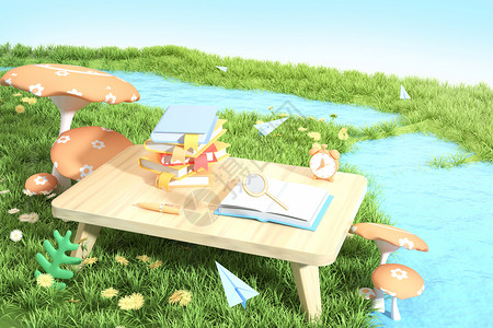 草地上野餐的人开学季书桌草地场景设计图片