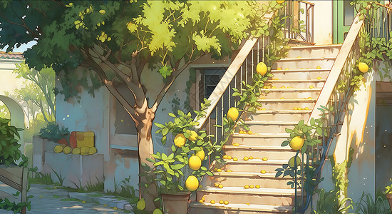 台阶上掉落的水果图片