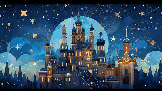 洛杉矶迪士尼乐园夜晚星空下的城堡插画