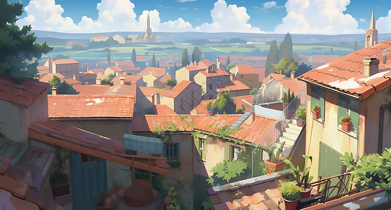 屋顶俯视温馨的小城镇插画
