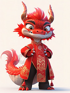 龙年红色喜庆背景元素穿着中国服装的龙3D元素插画